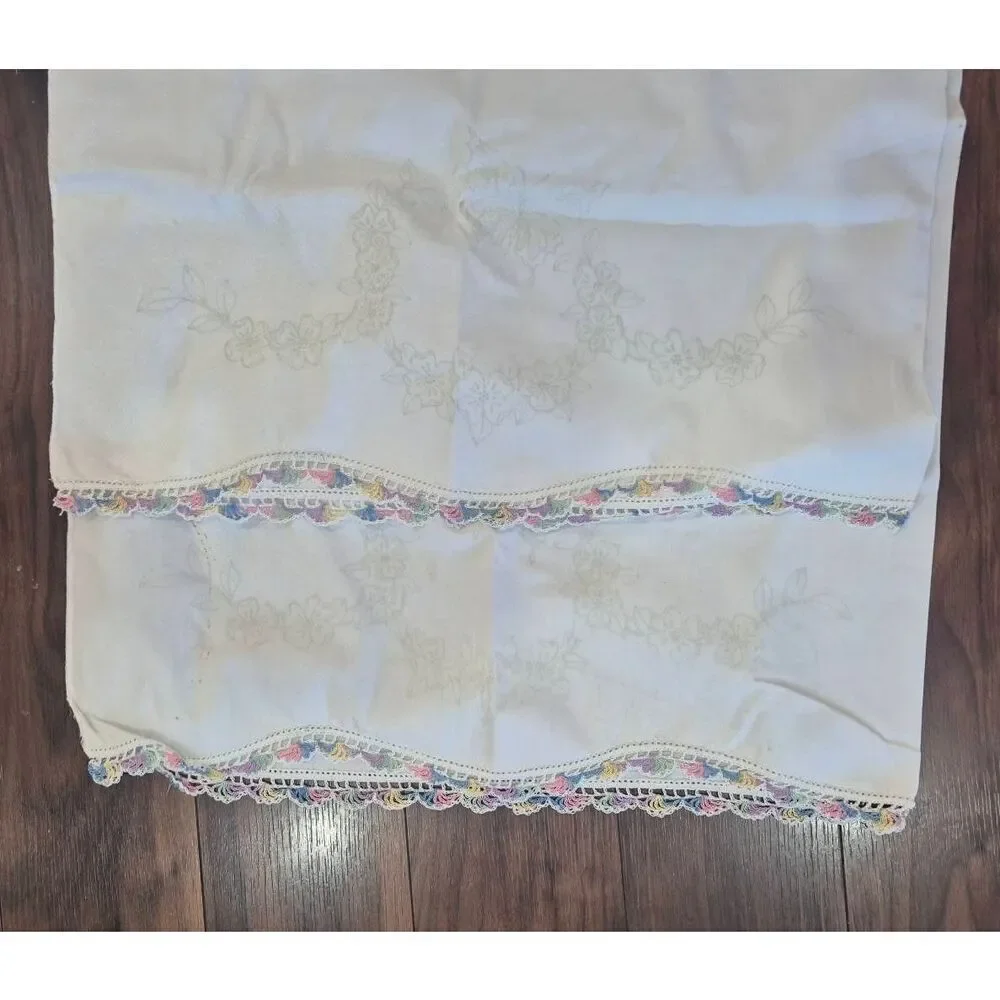 Pillowcases (2) White Cotton, Vintage, Crocheted Edge and Iron on Design that ne